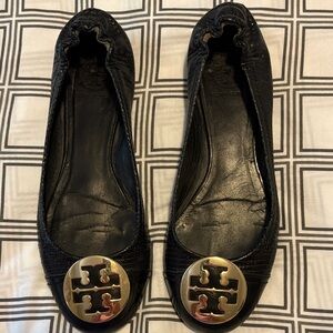 Tory Burch Black Leather Flats with Gold Medallion 8
